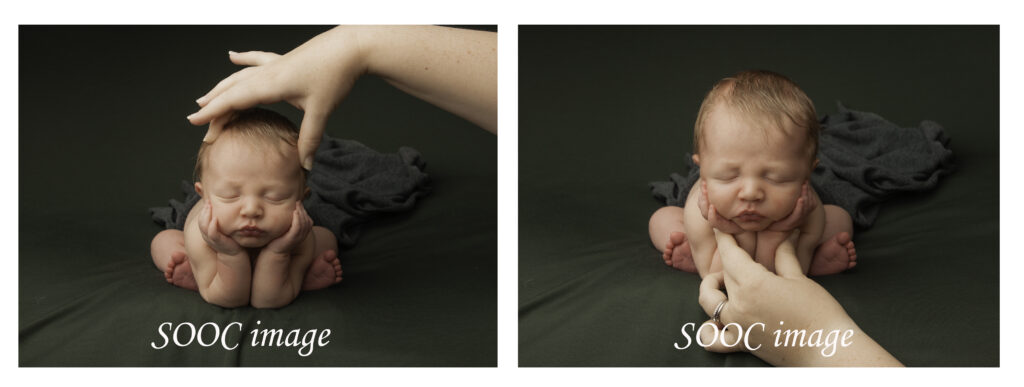 There are two photos. On the first photo on the left mum holding baby's head in a froggy pose. On the second image looks the same but mum's hands are supporting the baby's wrist.