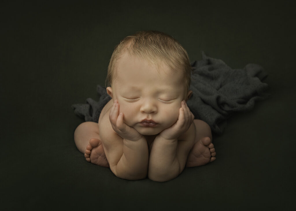 Baby boy facing the camera in a froggy pose on a green background.