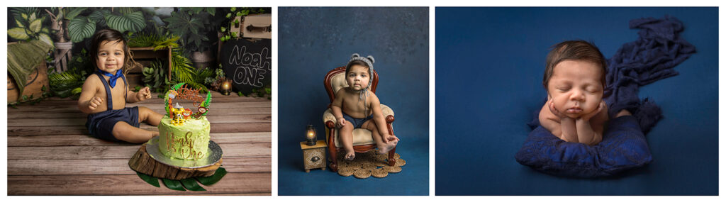 First year package of baby boy, Including his newborn image, sitter session image and cake smash session image.