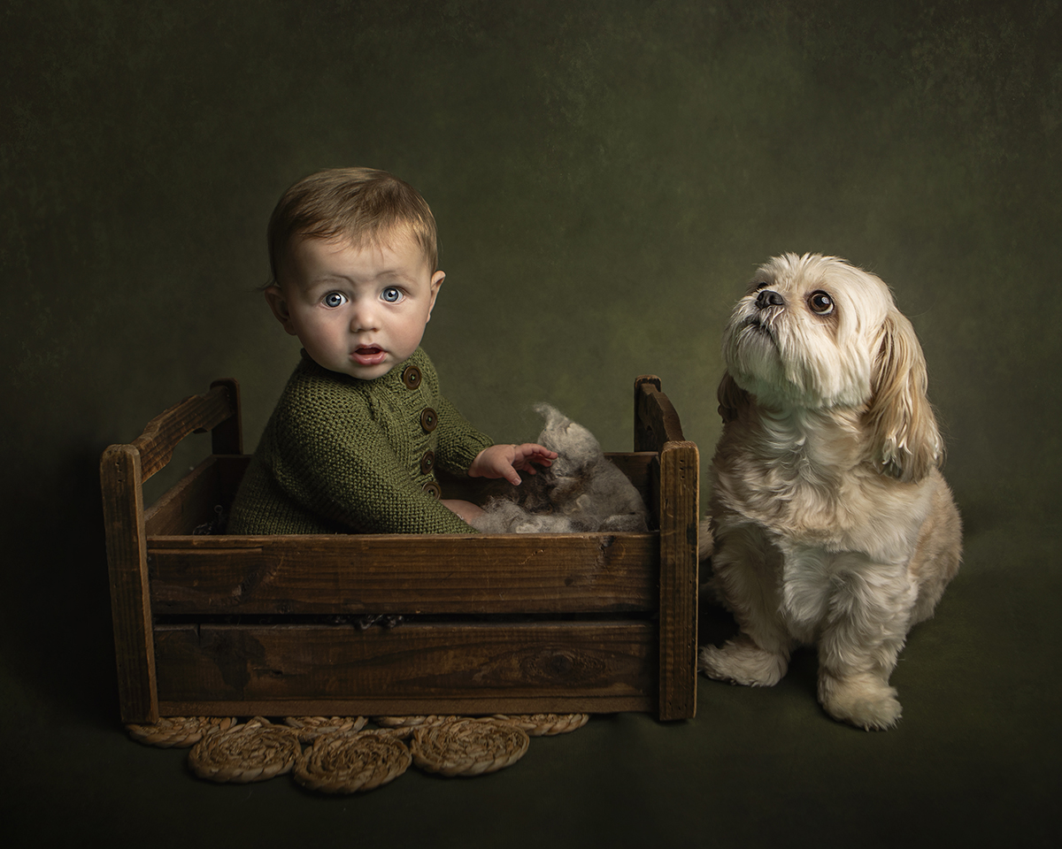 Baby sitting in wooden bed with his white Shih Tzu dog